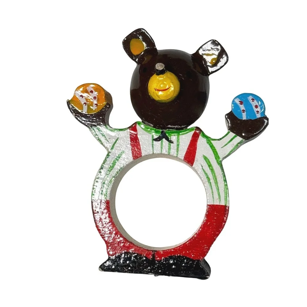 Set of 4‎ vintage Wooden Hand Painted Napkin Rings Holiday Bears Angel Soldier
